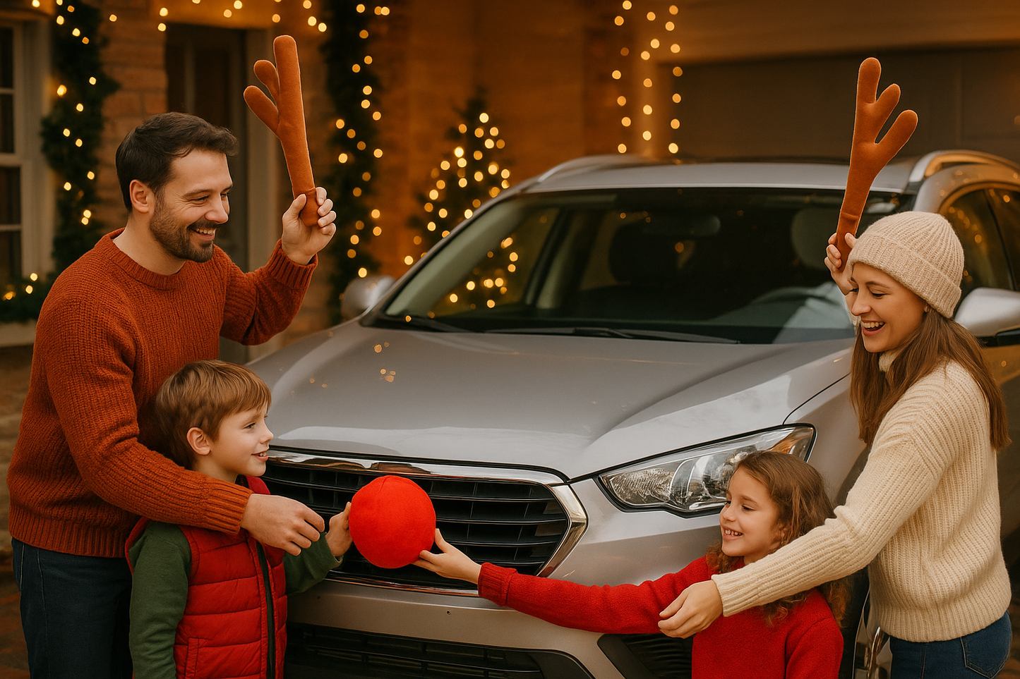 AutoReno™ Cachos y nariz de reno navideño para vehiculo